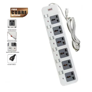 Supresor de pico 6 tomas multiples 10AMP con toma a tierra 6 switch ON/OFF cable 3mts "OPALUX" color blanco y gris