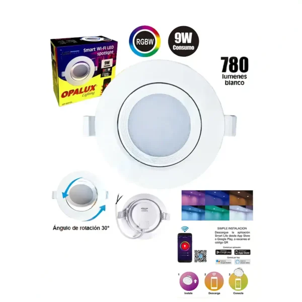 Spotlight led 9W "Opalux" RGB cambia de colores control WIFI redondo color blanco 780 lumens 25,000hrs para empotrar