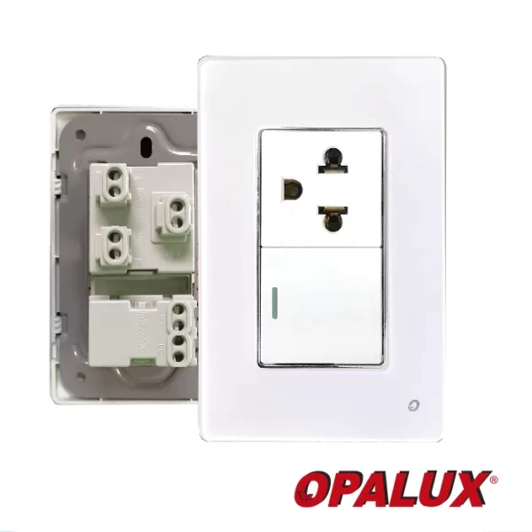Placa doble, interruptor + Universal con toma tierra Medidas: Altura 12 cm x Ancho7.5 cm