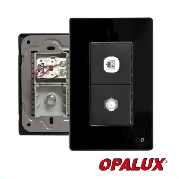 Placa mixta doble telefono + coaxial, 2 dados 3.5 cm Medidas: Altura 12 cm x Ancho7.5 cm 10 x Cj - Master 200