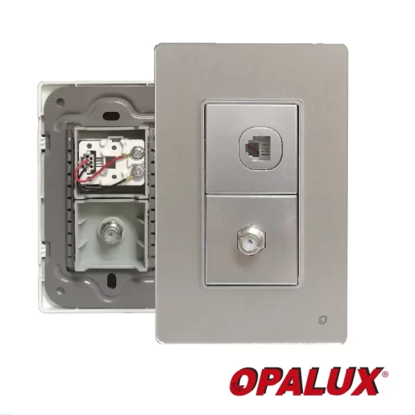 Placa mixta doble telefono + coaxial, 2 dados 3.5 cm Medidas: Altura 12 cm x Ancho7.5 cm 10 x Cj - Master 200