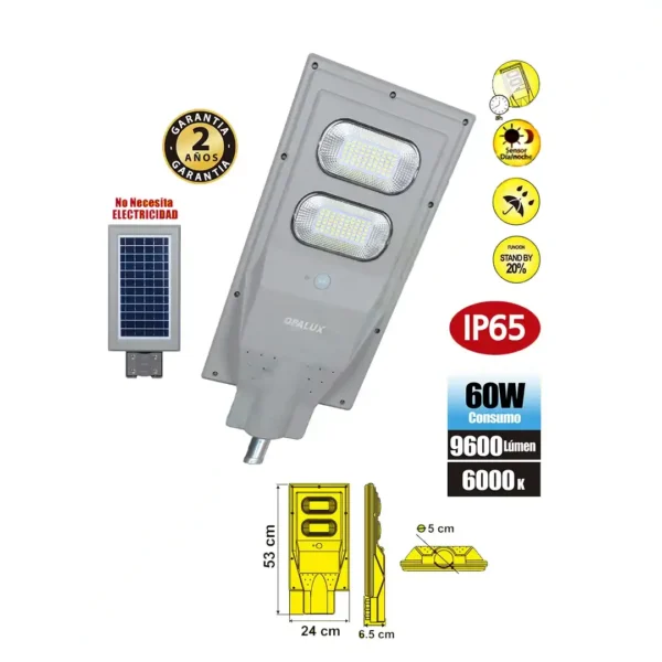 LUMINARIA DE ALUMBRADO PUBLICO 60W OPALUX SOLAR 9600LM IP65 INCLUYE PANEL SOLAR Y BATERÍA TODO EN UNO, PARA MONTAJE EN PASTORAL