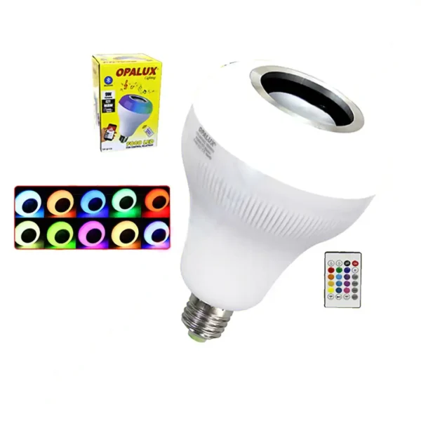 Foco led disco 9W Blanco mas RGB (Colores diversos) con parlante 3W conexion Bluetooth control remoto rosca E27 "Opalux"