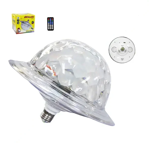 Foco led disco 12W RGB (Colores diversos) con parlante 3W conexion Bluetooth USB contro remoto rosca E27 "Opalux"