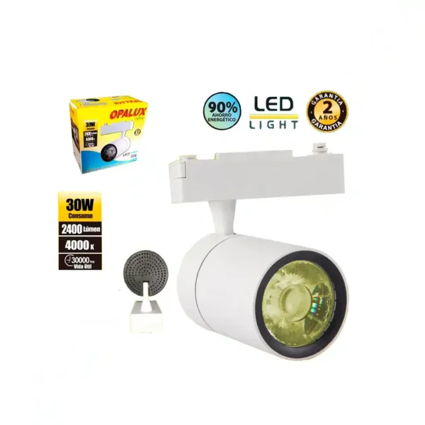 Spotlight led para riel 30W "Opalux" direccionable color blanco con luz calida amarilla 4000K 2400 lumens 35,000hrs