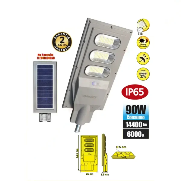 LUMINARIA DE ALUMBRADO PUBLICO 90W OPALUX SOLAR 14400LM EXTERIORES INCLUYE PANEL SOLAR Y BATERÍA TODO EN UNO, PARA MONTAJE EN PASTORAL IP65