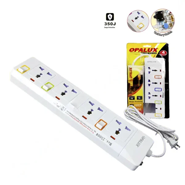 Supresor de pico 4 tomas multiples 10AMP con protector para niños 4 switch ON/OFF cable 3mts toma a tierra "OPALUX" 18AWG color blanco