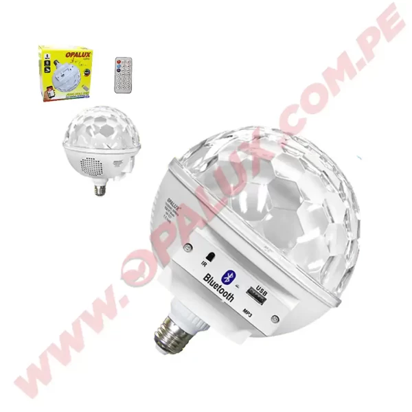 Foco led disco 6W RGB (Colores diversos) con parlante 3W conexion Bluetooth USB contro remoto rosca E27 "Opalux"