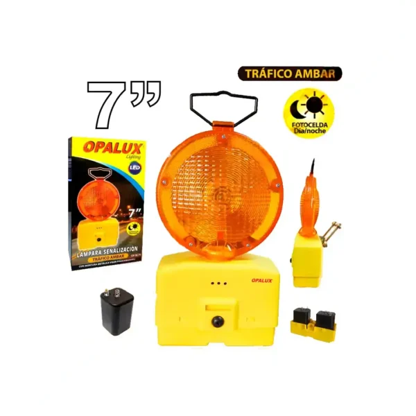 Luz de barricada LED para seguridad vial color ambar con batería para uso 300 hrs con fotocelda