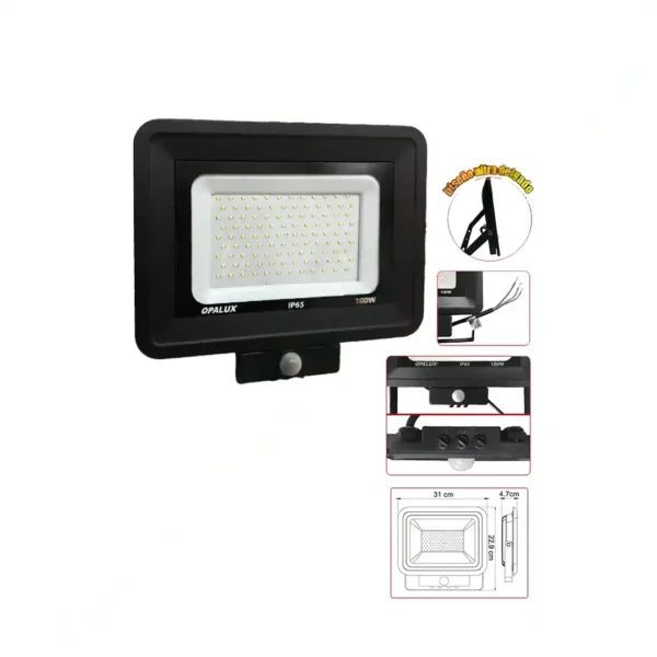 REFLECTOR LED 100W OPALUX 108 LEDS 9000LM 6500K 50,000HRS INC SENSOR MOVIMIENTO DELGADO SLIM COLOR NEGRO LUZ BLANCA IP65 EXTERIORES 220-240V