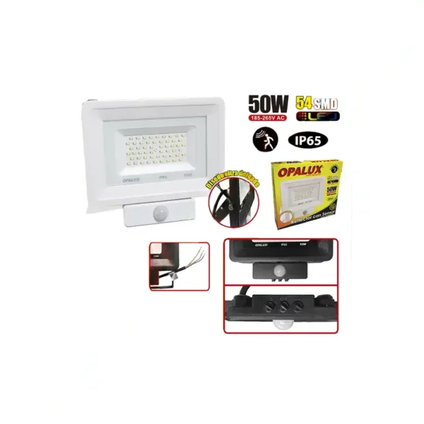 REFLECTOR LED 50W OPALUX 54 LEDS 4500LM 6500K 50,000HRS INC SENSOR MOVIMIENTO DELGADO SLIM COLOR BLANCO LUZ BLANCA IP65 EXTERIORES 220-240V