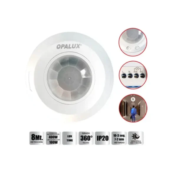 Sensor de movimiento 360° para techo detección a  8 mts horizontal tecnología PIR instalación hasta 4mts altura tiempo 10 seg – 7 min.
