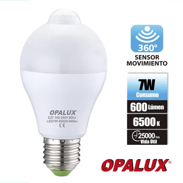 FOCO LED 7W LUZ BLANCA "OPALUX" C/SENSOR DE MOV. 110-240VAC E-27 600LM 360°