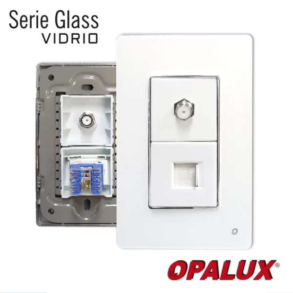 PLACA MIXTA DOBLE CONEXIÓN F + LAN CAT6 "OPALUX" SERIE CRISTAL COLOR BLANCO, MASTER 200