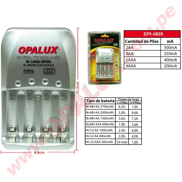 Cargador de pilas recargables marca "Opalux" de 1 a 4 pilas AA o AAA Nicd o NiMh carga intermedia
