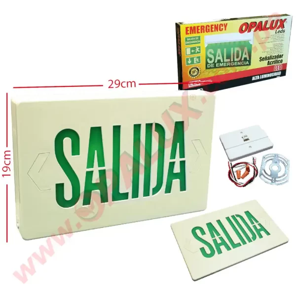 Señal de seguridad LED “Opalux” 29X19cm iluminada TIPO BOX “SALIDA” 120 mins cumple INDECI incluye accesorios 2 tipo de montaje cuerpo ABS