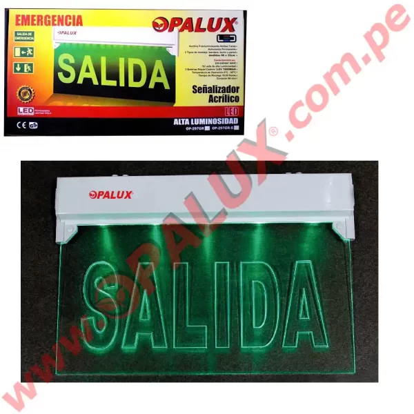 Señal de seguridad LED “Opalux” 35.5x22cm iluminada mica “SALIDA” Bajo Relieve 6 Hrs 5 leds cumple INDECI incluye accesorios 3 tipo de montaje cuerpo ABS blanco