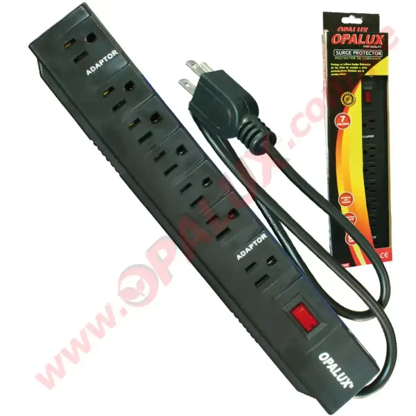 Supresor de pico 7 tomas trifasicas 10AMP con toma a tierra 1 switch ON/OFF cable 0.90mts 16AWG “OPALUX” color negro