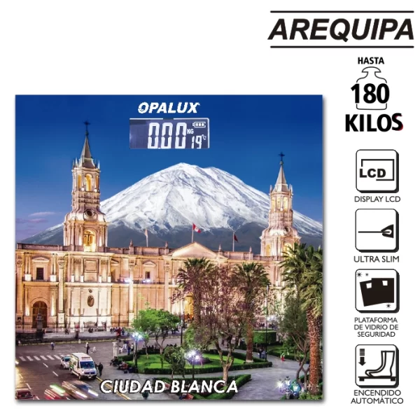 BALANZA ELECT."OPALUX" 180 KILOS ULTRA SLIM, CUADRADA, AREQUIPA PANTALLA LCD (10XCJ) INDICADOR DE TEMPERATURA