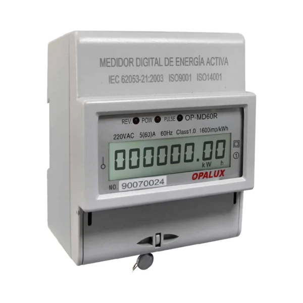 MEDIDOR DE ENERGÍA MONOFÁSICO DIGITAL PARA RIEL 10(60A) 220V "OPALUX"