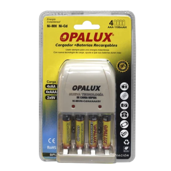 CARGADOR DE PILAS AA/AAA/9V “OPALUX” NI-MH/NI UL + 4 PILAS NH-AAA1100BP2