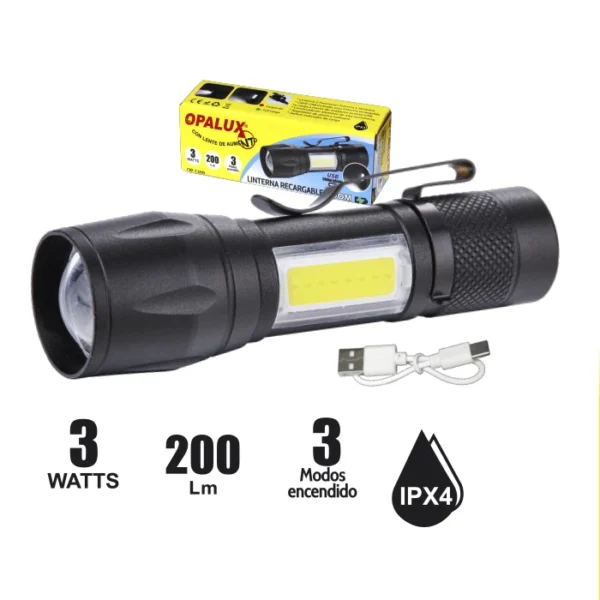 LINTERNA RECARGABLE ZOOM 3W "OPALUX" , 200LM, 3 MODOS DE ENCENDIDO, CARGA TIPO C, 1 LED COB