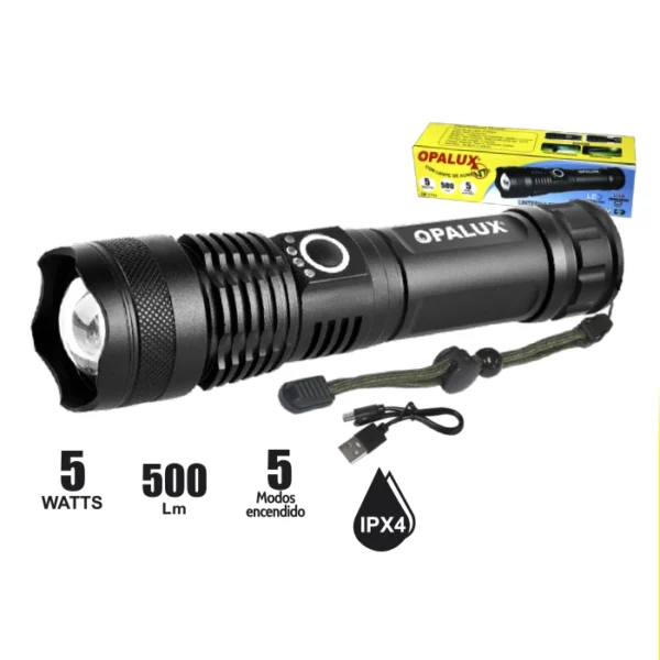 LINTERNA RECARGABLE ZOOM 5W "OPALUX", 5 MODOS DE ENCENDIDO, ZOOM, CARGA TIPO C Y ADAPTADOR PILA AAA