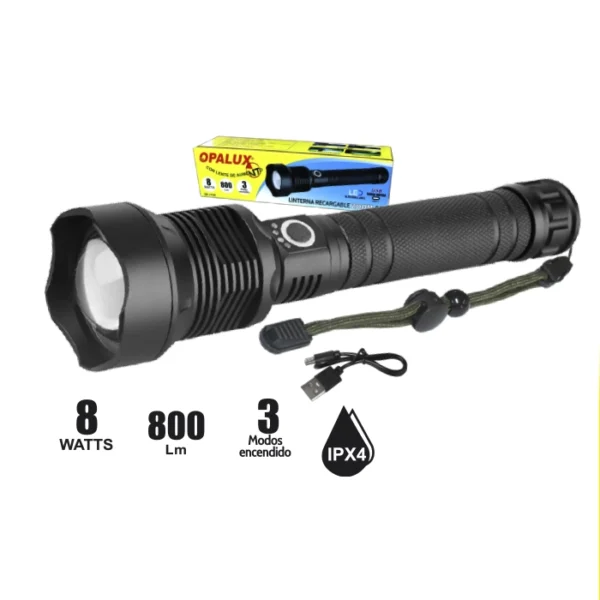 LINTERNA RECARGABLE ZOOM 8W "OPALUX", 800LM, 3 MODOS DE ENCENDIDO, ZOOM, CARGA TIPO C, 2 PILAS 3.7V 18650