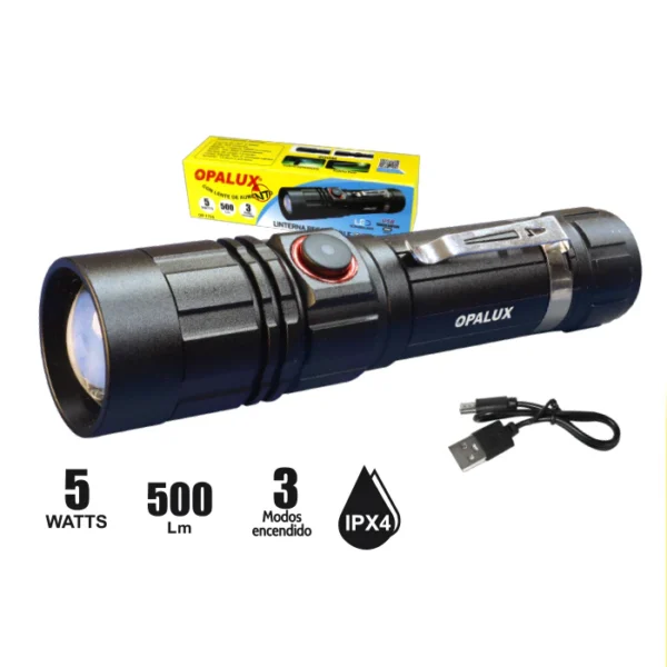 LINTERNA RECARGABLE ZOOM 5W "OPALUX", 500LM, 3 MODOS DE ENCENDIDO, ZOOM, CARGA TIPO C