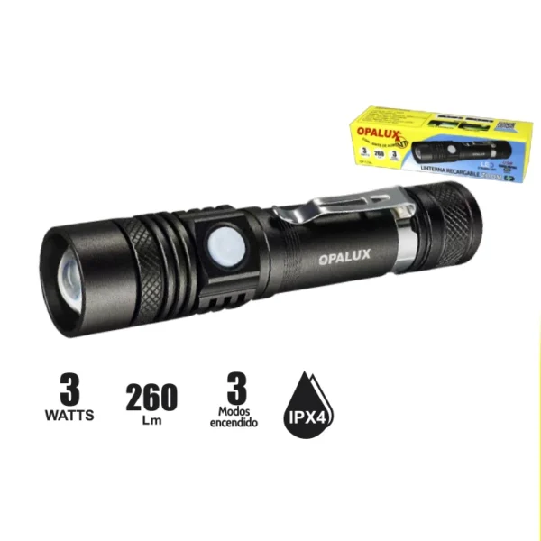 LINTERNA RECARGABLE ZOOM 3W "OPALUX" , 260LM, 3 MODOS DE ENCENDIDO, ZOOM, CARGA TIPO C