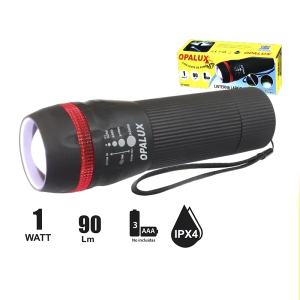 LINTERNA LARGO ALCANCE ZOOM 1W "OPALUX" 90LM / 3 PILAS AAA
