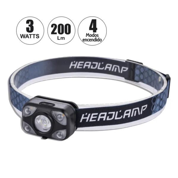LINTERNA FRONTAL RECARGABLE 3W "OPALUX" 200LM, 4 MODOS DE ENCENDIDO, CARGA TIPO C
