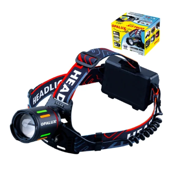 LINTERNA FRONTAL 10W "OPALUX" 500LM , 3 BATERIAS 18650 6000 MAH, POSTERIOR 3W 260LM, 7 MODOS DE ILUMINACIÓN, IPX3, CARCASA DE ALUMINIO, FARO TELESCÓPICO