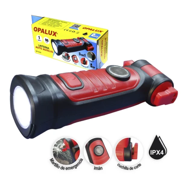 LINTERNA AUTO EXILIO 1W "OPALUX" , 90LM, MARTILLO DE AUXILIO EMERGENCIA, IMÁN, CUCHILLA DE CORTE / 5 EN 1 PILA AAA