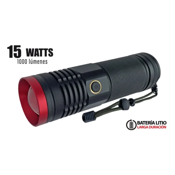 LINTERNA LED TACTICA 15W "OPALUX" 1000LM, 5 MODOS, IP44, 850MTS DE ALCANCE