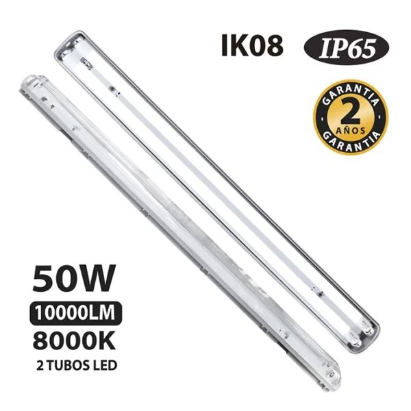 EQUIPO HERMÉTICO SLIM + 2 TUBOS LED 50W x 1.20 cm "OPALUX" 8000K AC 175-265V 50-60HZ, CONEXIÓN L-N UN LADO FP-0.6 , CE, ROHS, IP65, IK08 , ACEESORIOS: PRENSA ESTOPA / 12 ENGRAPES / 2 CONEXIÓN PARED
