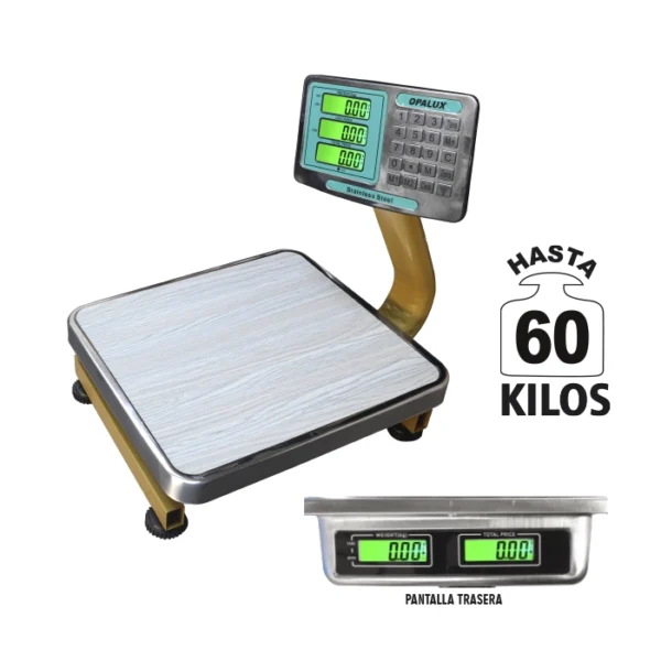 BALANZA C/BRAZO ELECT. DORADO "OPALUX" 60KG MIN. 1KG. DOBLE DISPLAY, C/LUZ ALTA Y BAJA, 2 MEMORIAS CABEZA METAL BAT4V4AMP BASE 24X34CM, TECLAS DE METAL, CARGADOR 6V500MA MASTERX4