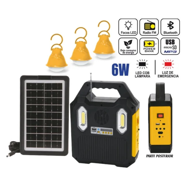 KIT SOLAR PORTATIL "OPALUX" 6W, CON 3 FOCOS 6V, PANEL SOLAR, BT, USB, MP3, FM