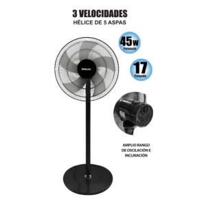 VENTILADOR DE PISO "OPALUX" 17" DE 3 VELOCIDADES 5 ASPAS MOTOR ALUMINIO 220V 60HZ 45W COLOR NEGRO
