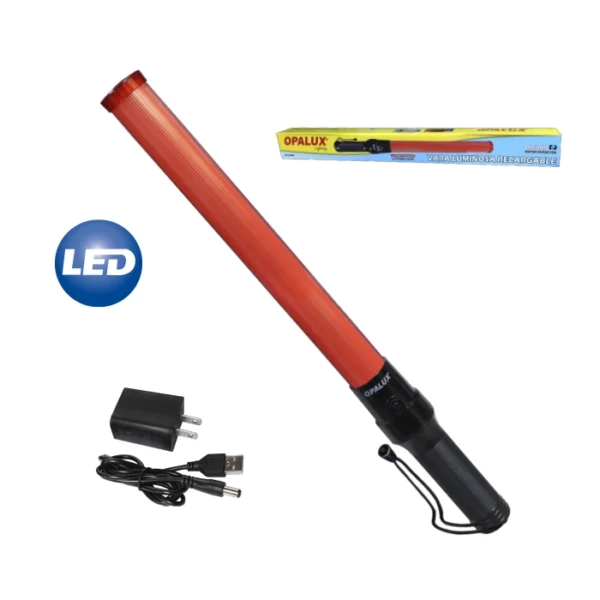 VARA LUMINOSA RECARGABLE 53.5CM LARGOX 4.5 DIAM, ROJO, 6LED OPALUX BATERIA 18650