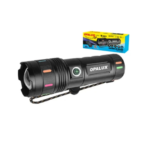 LINTERNA TACTICA 15W "OPALUX"  900LM, 3X 18650 4500 MAH, 4 FUNCIONES  (ALTO, MEDIO, BAJO, SOS), IPX4, BANCO DE PODER, CUERPO DE ALUMINIO ALTO IMPACTO, INCLUYE CABLE TIPO C.
