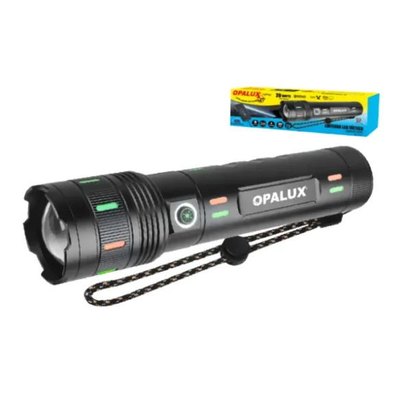 LINTERNA TACTICA 20W "OPALUX"  1300LM, BAT 4X 18650 1500MAH 3.7V 6000MAH, 4 FUNCIONES  (ALTO, MEDIO, BAJO, SOS), IPX4, BANCO DE PODER, CUERPO DE ALUMINIO ALTO IMPACTO, INCLUYE CABLE TIPO C.