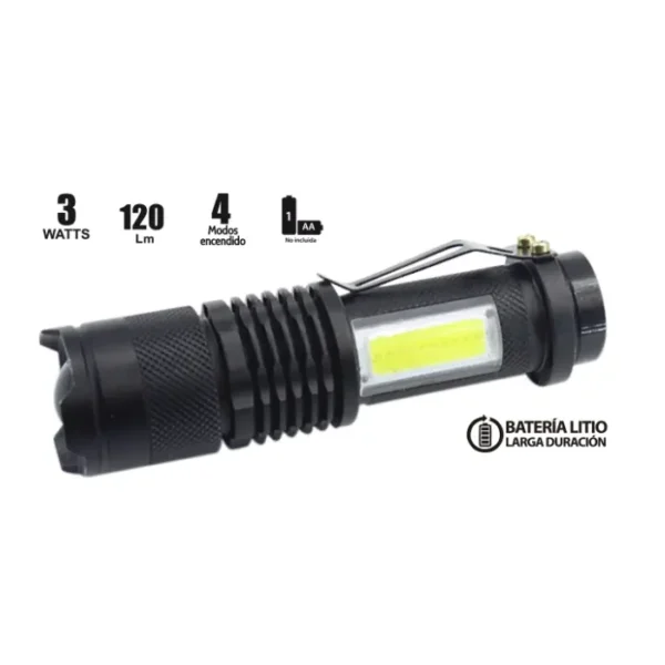 LINTERNA TÁCTICA "OPALUX" 3W, 120LM, 4 MODOS, IP44, CON LENTE DE AUMENTO