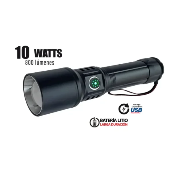 LINTERNA LED TÁCTICA 10W "OPALUX" , CON LENTE DE AUMENTO, 800LM, IP44, ZOOM LARGO ALCANCE