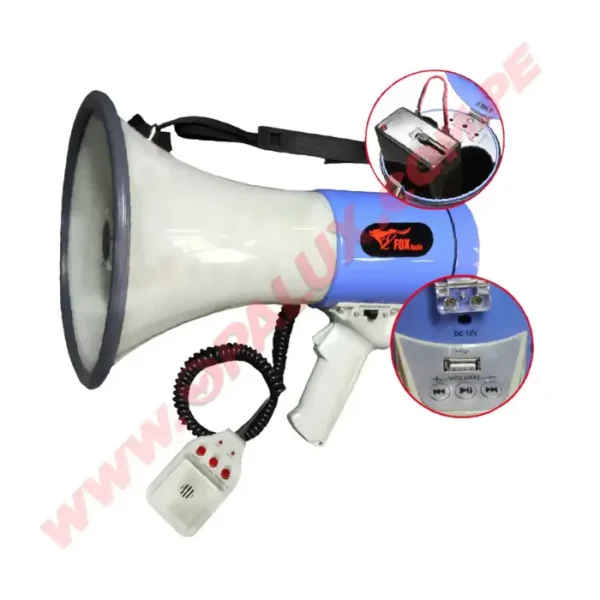 MEGAFONO 50W "FOX AUDIO", USB,BATERIA LITHIUM 1500MAH RECARGABLE 220V / 8 PILAS D, ENTRADA 12V CJX4
