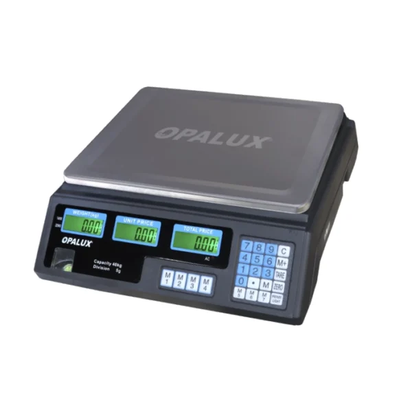 BALANZA DE MESA SIN BRAZO ELECT. "OPALUX" BANDEJA PLANA 40 KILOS PANTALLA LCD BAT-4V 4AH 7 MEMORIAS COLOR NEGRO (MASTERX5)