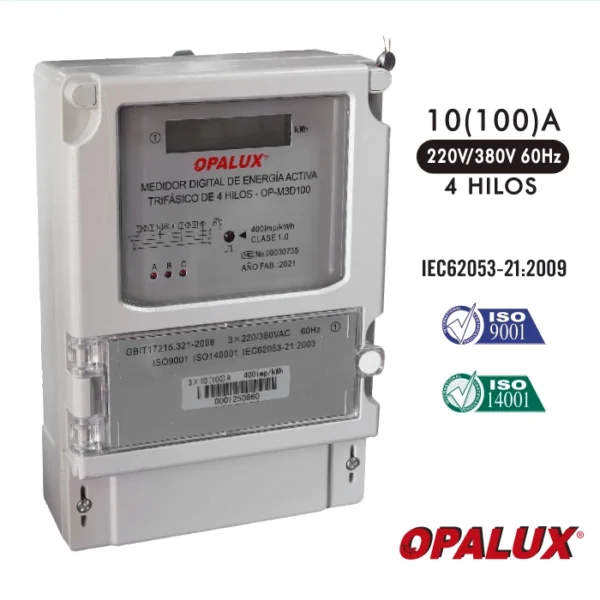 MEDIDOR DE ENERGIA TRIFASICO DIGITAL "OPALUX" 4 HILOS 10(100)A 220V/380V 60HZ ISO 9001 CLASE 1 CJX10