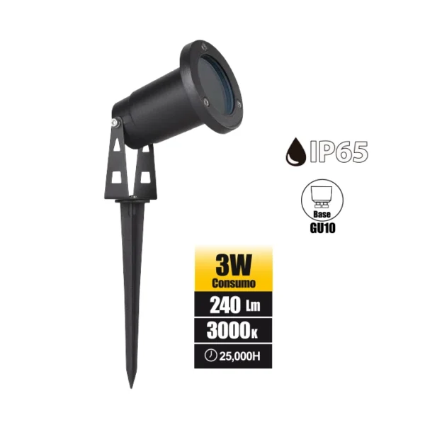 ESTACA LED EXTERIOR PARA JARDIN MINI GU10 3W 240LM 3000K 220-240V 60HZ IP65 6CM X 8CM X 28 CM / CARCASA METAL