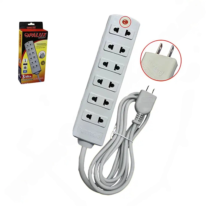 Extensión eléctrica  3mts "Opalux" con 6 de tomacorrientes color gris