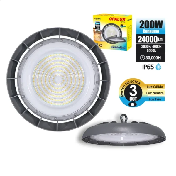 LUMINARIA LED HIGH-BAY 200W 3CCT 24000 LM "OPALUX" IP65 (LUZ BLANCO 197W-CALIDO 196W-NEUTRO 186W